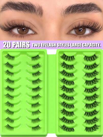 20对混合款式半截假睫毛（2种类型）大容量自然妆效假睫毛，蓬松自然半截假睫毛，浓密猫眼假睫毛，飞扬式假睫毛，透明梗短款假睫毛