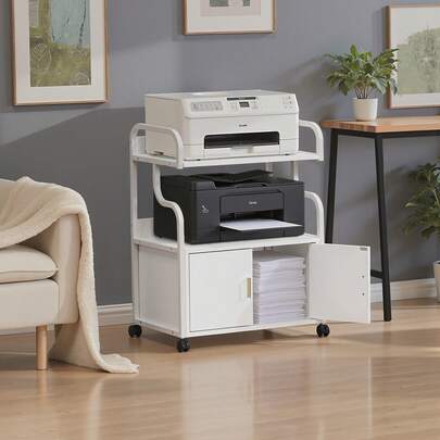 VECELO 3 Tier White Printer Stand With Power Outlet, Rolling Metal Printer Cart With Storage Shelves
