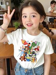 Disney Toy Story Characters Printed Pattern T-Shirts For Girls - Children's Clothing Design Short-Sleeved Casual And Cute Style Comfortable And Casual Wear All Year Round Suitable For Parties And Play Machine Washable Gift Children's Clothing Girls' Short-Sleeved Shirts - 白色 - 查看 1