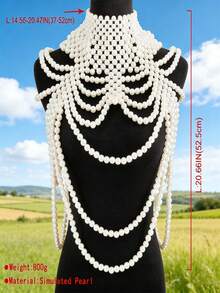 1pc Elegant Bohemian Handcrafted Multi-Layer Beaded Faux Pearl Body Chain - Ideal For Brides And Party Wear - White - View 10