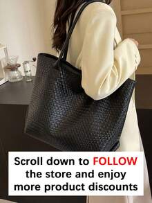 Nueva bolsa de mano de gran capacidad con patrón tejido, bolso de hombro de moda, diseño único, bolso de hombro de unicolor, adecuado para salidas diarias, compras, trabajo y viajes, llamativo bolso de trabajo para damas - Negro - Ver 3