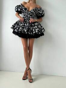 Women's Spring/Summer Ditsy Floral Sexy Romantic Elegant Off-Shoulder Lace Patchwork Contrast Color Tie Strap Mini Dress, Suitable For Daily Outing, Dating, Commuting, Holidays, Parties, Street Photography And Various Occasions Vacation - Multicolor - View 4