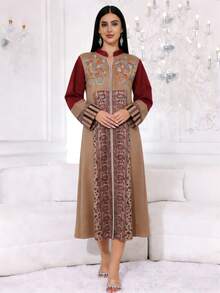 2026 New Style Ramadan Traditional Elegant Embroidered V-Neck Long Sleeve Dress, Jalabia Arabic Women Clothing - Apricot - View 8