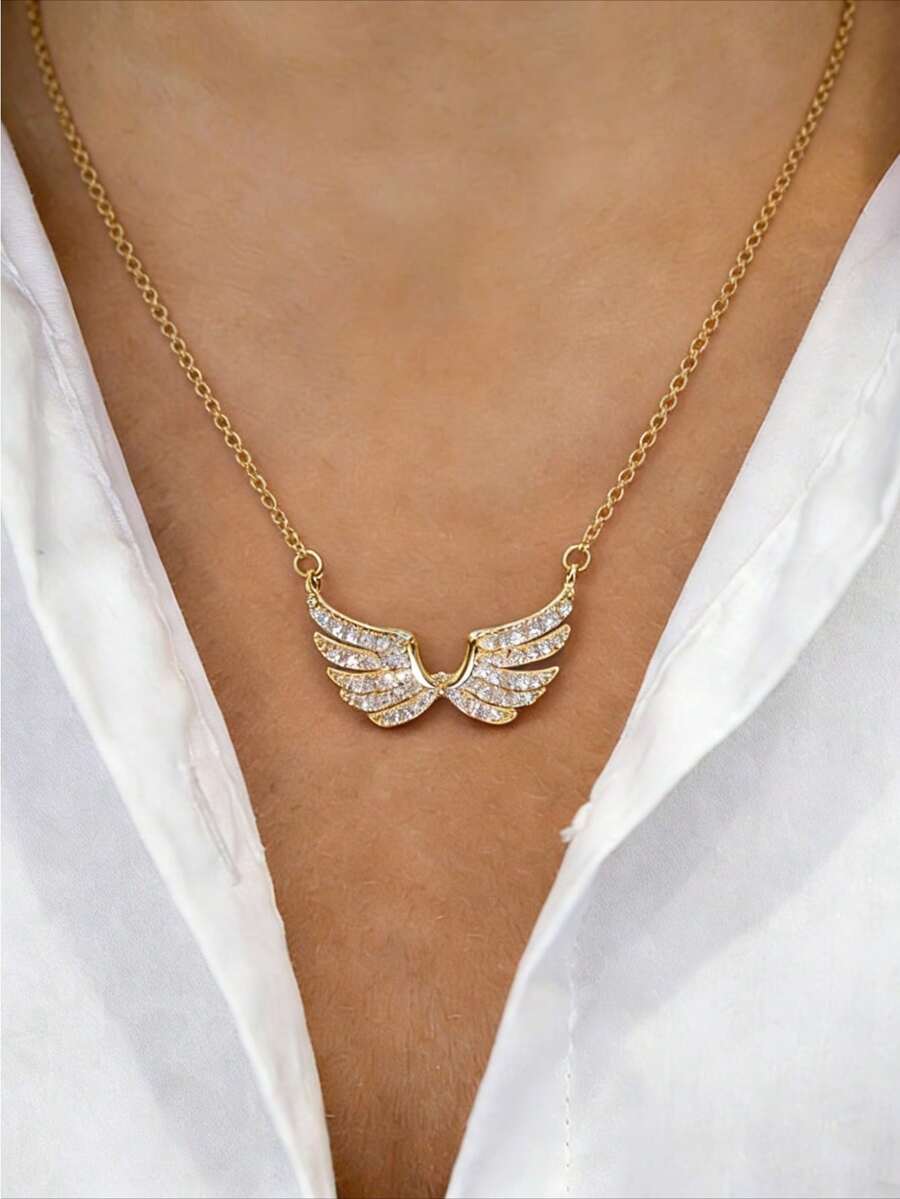 1pc Women's Elegant Angel Wings Pendant Necklace,Elegant Dainty Chain,Unique Luxury Style For Everyday & Holiday Gifts,Anniversary Gifts(No Box) - Gold - View 1