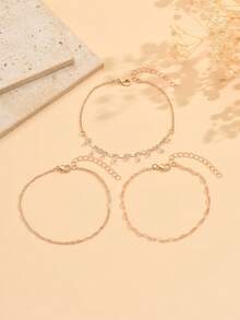 3pcs/Set Minimalist Gold Metal Anklet, Fashionable Sparkling Crystal Handmade Chain Jewelry Set For Women, Suitable For Daily Wear, Decoration, Beach, Travel, And Dates - Gold - View 2