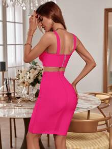 Women's Fashion Summer Sexy Elegant Spaghetti Strap Short Bodycon Two Pieces Set Top And Skirt Bandage Dress Pink Cocktail Party Dress Outfit Clothes - Hot Pink - View 7