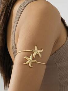 1 pieza Brazalete de aleación con diseño de estrella de mar, adecuado para uso diario y vacaciones en la playa - Amarillo dorado - Ver 8