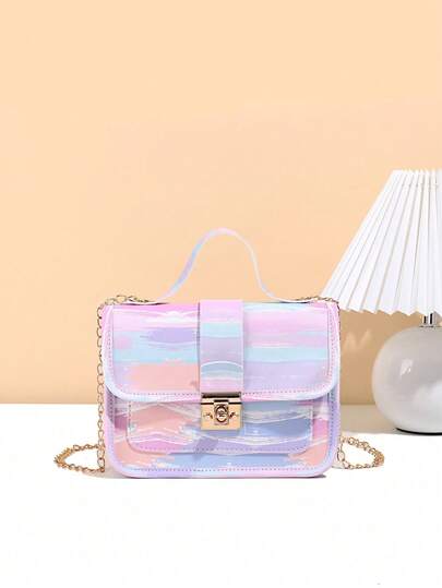 1pc Girls' Colorful Printed Handbag, Cute Metal Chain Crossbody Bag, Casual Date Phone Pouch, Ideal Gift