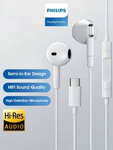 PHILIPS TAE1020 Wired In-Ear Earbuds,Type C,Volume Control, Cable,Hi-Fi Sound For Music And Office,Clear Microphone Comfortable Fit For Smartphone - White - View 1