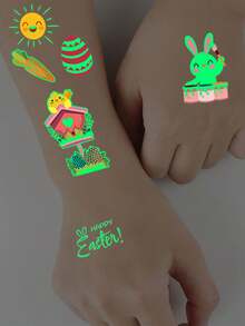 12Pcs (112 Patterns) Glow In The Dark Easter Cartoon Temporary Tattoo Stickers, Waterproof Fun Art Decals With Cute Bunny, Easter Egg, Carrot, Chicks Designs, Lasts 2-5 Days, Perfect Easter Gift - Multicolor - View 8
