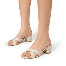 Women Chunky Low Heel Mule Sandals Crocodile Print Open Toe Slip On Heels Summer Slide Sandals - 杏色 - 查看 7