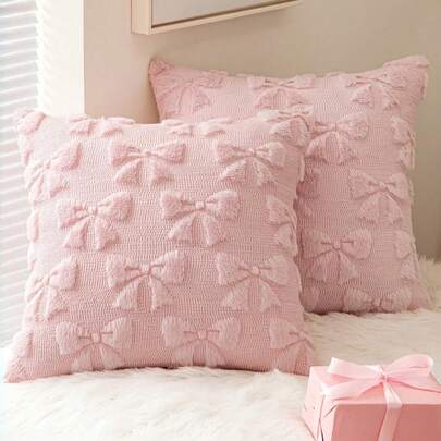 Funda de cojín con estampado de lazo, estilo dulce y suave de tela de punto acolchada con textura en relieve de lazo, decorativa y cómoda - Adecuada para el Día de San Valentín, decoración del dormitorio y el sofá, uso diario durante todo el año - Rosa