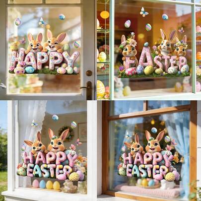 1/3pcs Happy Easter Window Clings Cute Bunny And Egg Banner Static Stickers For Glass Door Shop Display Removable Spring Holiday Party Home Decoration