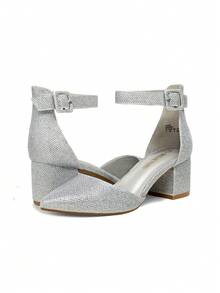 Women Pointed Toe Low Chunky Heels Pumps Ankle Strap Elegant Versatile Simple Shoes - 銀色 - 查看 3