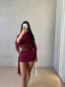 Fashion Tulle Set With Flowing Sleeves And Shaping Skirt In Spandex - Gỗ đỏ - Xem 6