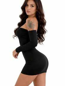 Women's Strapless, Fitted, Off-The-Shoulder Bodycon Dress With Long Sleeves - Autumn/Winter - 黑色 - 查看 2