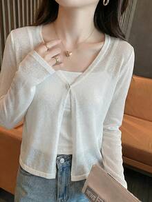 女士V领针织罩衫，夏季无袖轻薄披肩外套 - 白色 - 查看 4