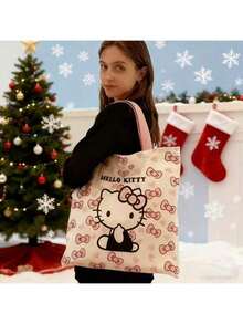 Sanrio 1 Set Bolso de lona con tema de Hello Kitty princesa - Bolso de lona duradero y billetera con lazo rosa y patrón de corazón, adecuado para fiesta/uso diario - Multicolor - Ver 2