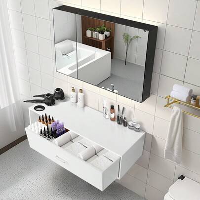 Salon Wall Mount Salon Station, Stylist Salon Stations Storage Cabinets With 3 Hair Dryer Holes,  Beauty Salon Stations Equipment With Drawer, Hair Salon Station Cabinet With Side Open Space, Storage Organizer For Barbershop, Beauty SPA, Bathroom, Black/ White