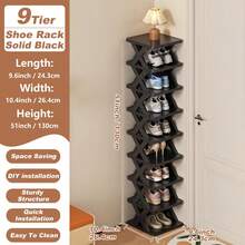 9/6 Tier Vertical Shoe Stand Space Saving Narrow Shoe Rack, Small Shoe Shelf, DIY Free Standing Shoes Storage Organizer For Entryway, Closet, Hallway, Easy Assembly And Stable In Structure, Black & White, Plastic Material, Consumables - 黑色 - 查看 2