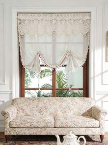 1pc Bohemian Style Floral Crochet Tie-Up Linen Curtain - Elegant Floral Pattern, Bohemian Tassel Decor, Bohemian Tie-Up Roman Shade Design, Suitable For All Seasons, Vintage Farmhouse Style Tie-Up Sheer Curtain For Living Room, Kitchen, Bathroom Window Decor - Beige - View 6