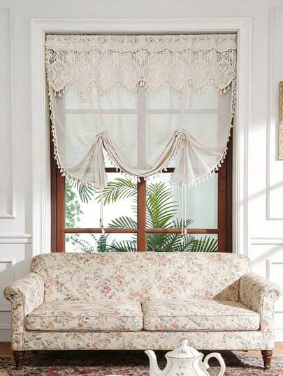 1件波西米亚风花卉钩编系带亚麻窗帘 - 优雅花卉图案，波西米亚流苏饰边，附带波西米亚帘幔，系带罗马帘设计，四季皆宜，复古农舍风格系带薄纱窗帘，适用于客厅、厨房、浴室窗户装饰