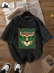 Camiseta casual de manga corta con cuello redondo y estampado de leopardo con gafas de moda para mujer talla grande, primavera/verano vacaciones negro - Negro - Ver 2