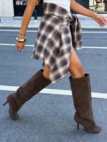 Women's Knee High Boots Wide Calf Square Toe Stiletto Heels Tall Boots Pull On Kitten High Heel Long Fashion Casual Cute Y2K Booties - 巧克力色 - 查看 2