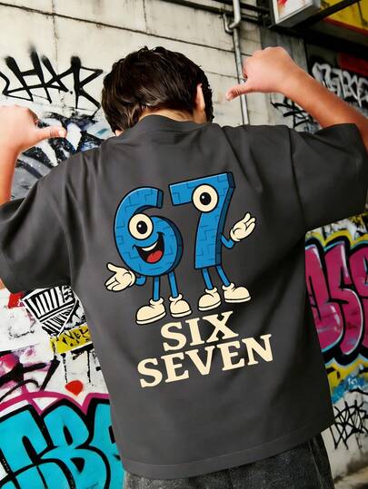 Teen Boy's "SIX SEVEN-Italian Brain" Colorful Number 67 Cartoon Print T-Shirt, Suitable For Daily Wear, Streetwear, Campus Style, Fashionable Casual Versatile Boy's Summer Top