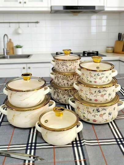 3件套彩色搪瓷双耳小火锅带盖，加厚搪瓷陶瓷炖锅，迷你火锅，粥锅，牛奶保温锅，厨房电器，适用于电磁炉和燃气灶