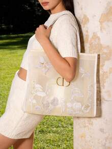 Christian Dior 41*38*2cm Mesh Butterfly Embroidered Tote Bag, Large Capacity Multi-Function Casual Travel Handbag - Beige - View 3