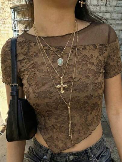 2026 Spring Summer Women's Elegant Brown Lace Mesh Patchwork Short Sleeve T-Shirt Crop Top Asymmetrical Hem Y2K Chic Casual Vacation
