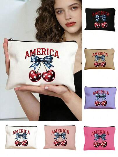 字母雪莉图案印花化妆包，大容量女士旅行化妆包，可装洗漱用品，DIY收纳包，轻便可折叠收纳包，旅行化妆包，生日礼物，旅行化妆工具，生日礼物，旅行必备，宿舍必备，满足日常旅行需求，最佳女士7月4日主题包包，爱国主题化妆包，独立日礼物