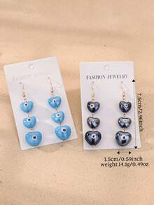 A Pair Of Ceramic Demon's Eye Blue-Eyed Heart-Shaped Earrings, Suitable For Ladies To Wear At Music Festivals And Parties - Multicolor - View 5