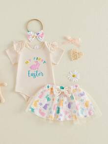 Conjunto de mono de cuello redondo de manga corta con bordado de conejito de Pascua para niñas, adorable y falda de tul con diadema. - Albaricoque - Ver 2