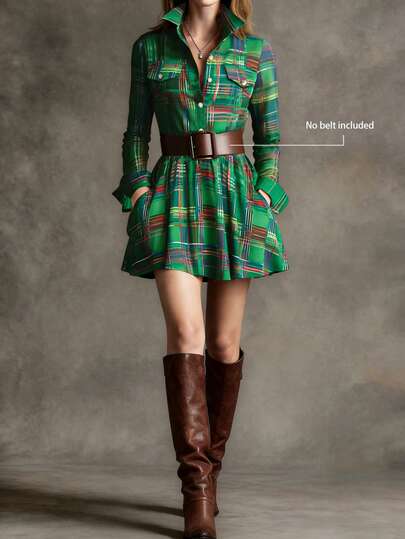 (No Belt Included) Vintage British Style Plaid Shirt Dress, Contrast Color Plaid Waist Cinched Skirt, Button Pocket Design, Retro Casual Slim Short Shirt Dress