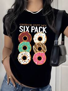 Seis donuts coloridos con glaseado y chispas que representan un divertido juego visual de fuerza y humor camiseta de mujer casual divertida de manga corta 220g - Negro - Ver 1