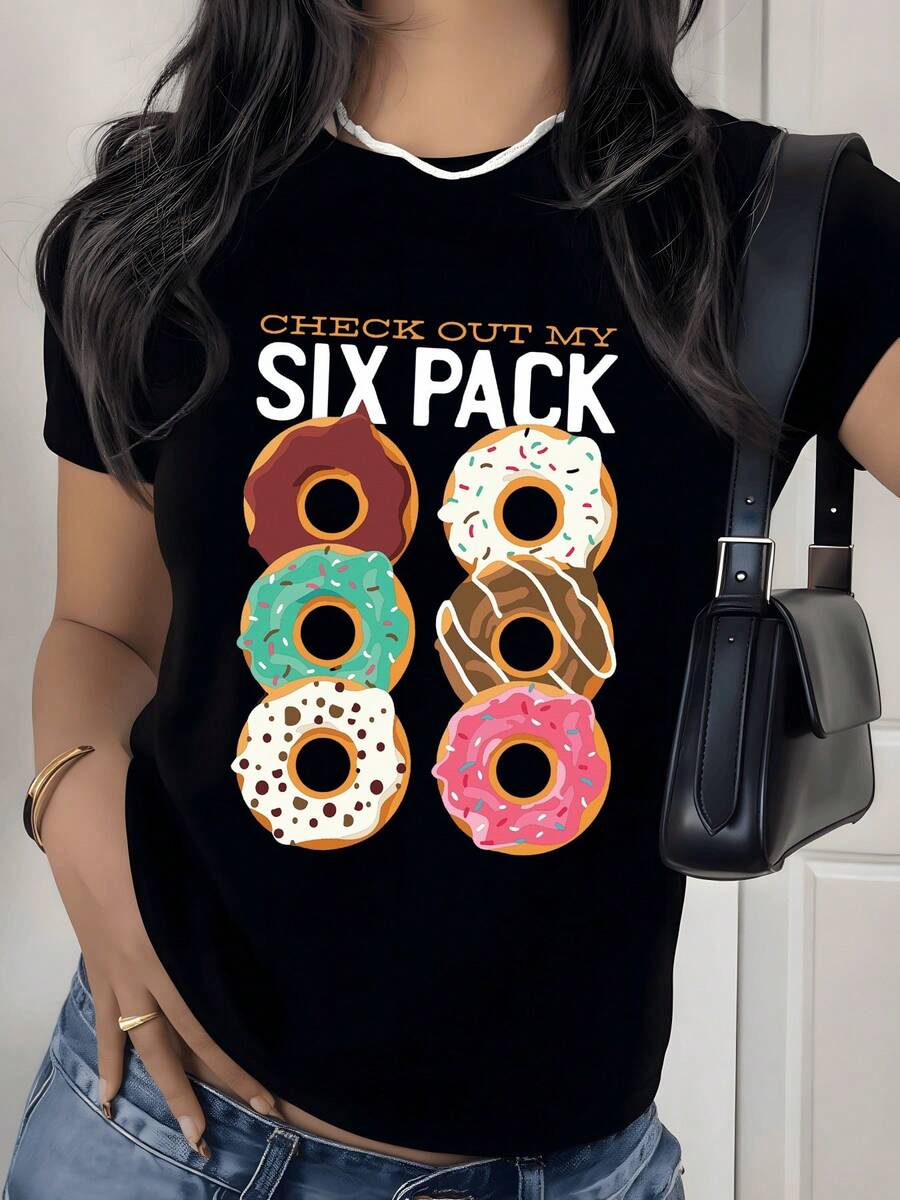 Seis donuts coloridos con glaseado y chispas que representan un divertido juego visual de fuerza y humor camiseta de mujer casual divertida de manga corta 220g - Negro - Ver 1