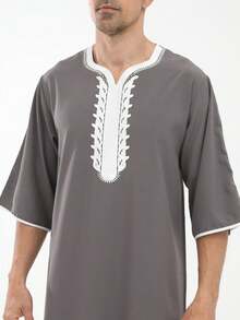 New Arrival Black Loose Casual Muslim Three-Quarter Sleeve Men Robe, Middle Eastern Style Leisure Long Robe - Grey - View 4