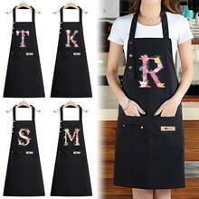 Fun Floral Letter Design Adjustable Chef Apron - Durable Polyester Kitchen Apron With Practical Pockets, One Size Fits All For Cooking, BBQ, Grilling - Perfect Gift For Dad, Mom, Father's Day, Mother's Day, Thanksgiving, Bbq Essential  Kitchenwear  Functional Pocket Design - 黑色 - 查看 2