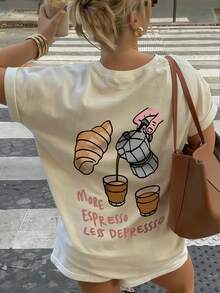 夏季新款简约时尚牛角面包咖啡印花休闲圆领短袖T恤，百搭且适合女性穿着 - 杏色 - 查看 9