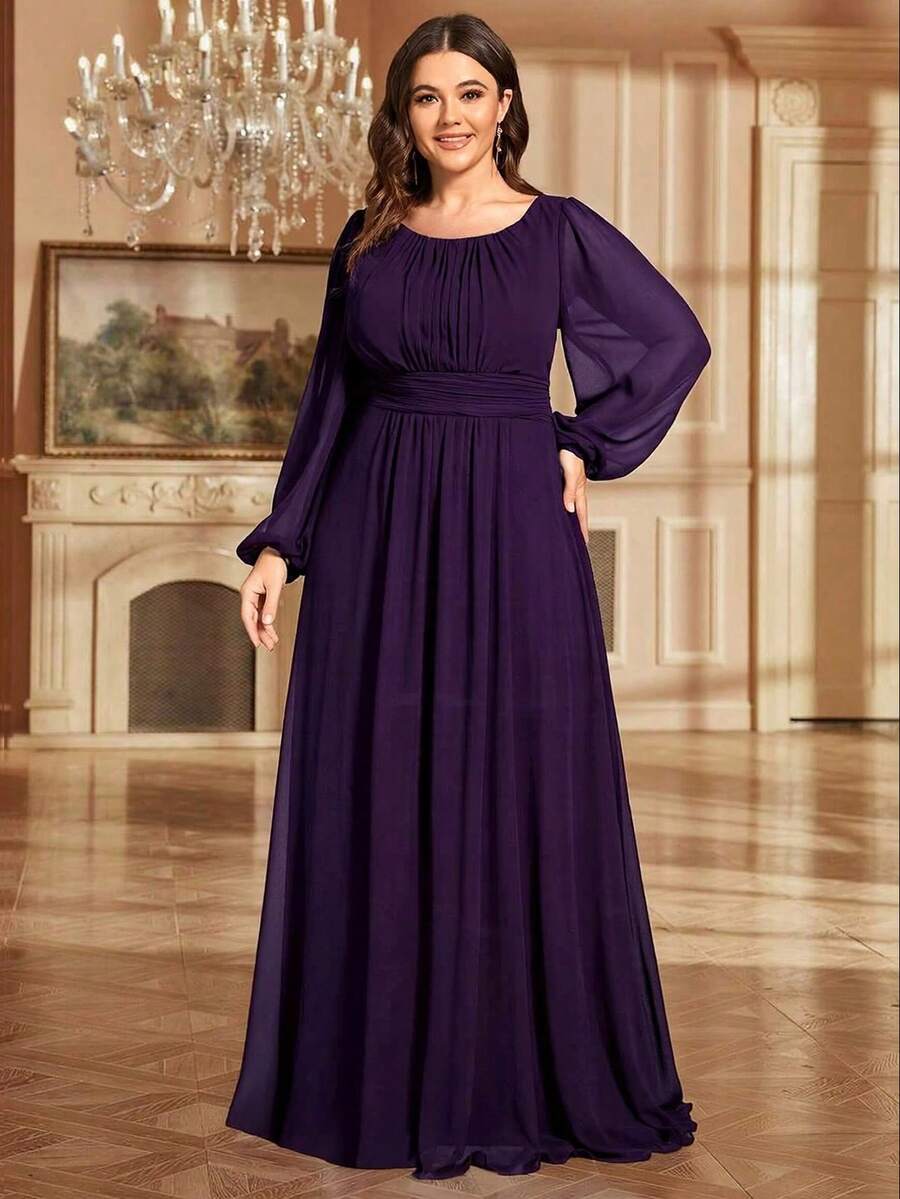 EVERPRETTY Plus Size Elegant Romantic A-Line Long Sleeve Plum Purple Bridesmaid Dress, Formal Party Dress For Autumn Wedding Guest Spring