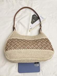 大容量时尚百搭单肩包，休闲镂空编织草编包，沙滩度假腋下包 - 彩色 - 查看 2