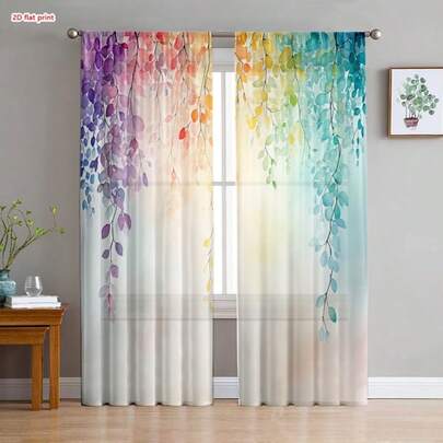 2pcs/Set Spring Floral Modern Art Decorative Curtains, Semi-Sheer Curtains For Living Room, Bedroom, Home Decor
