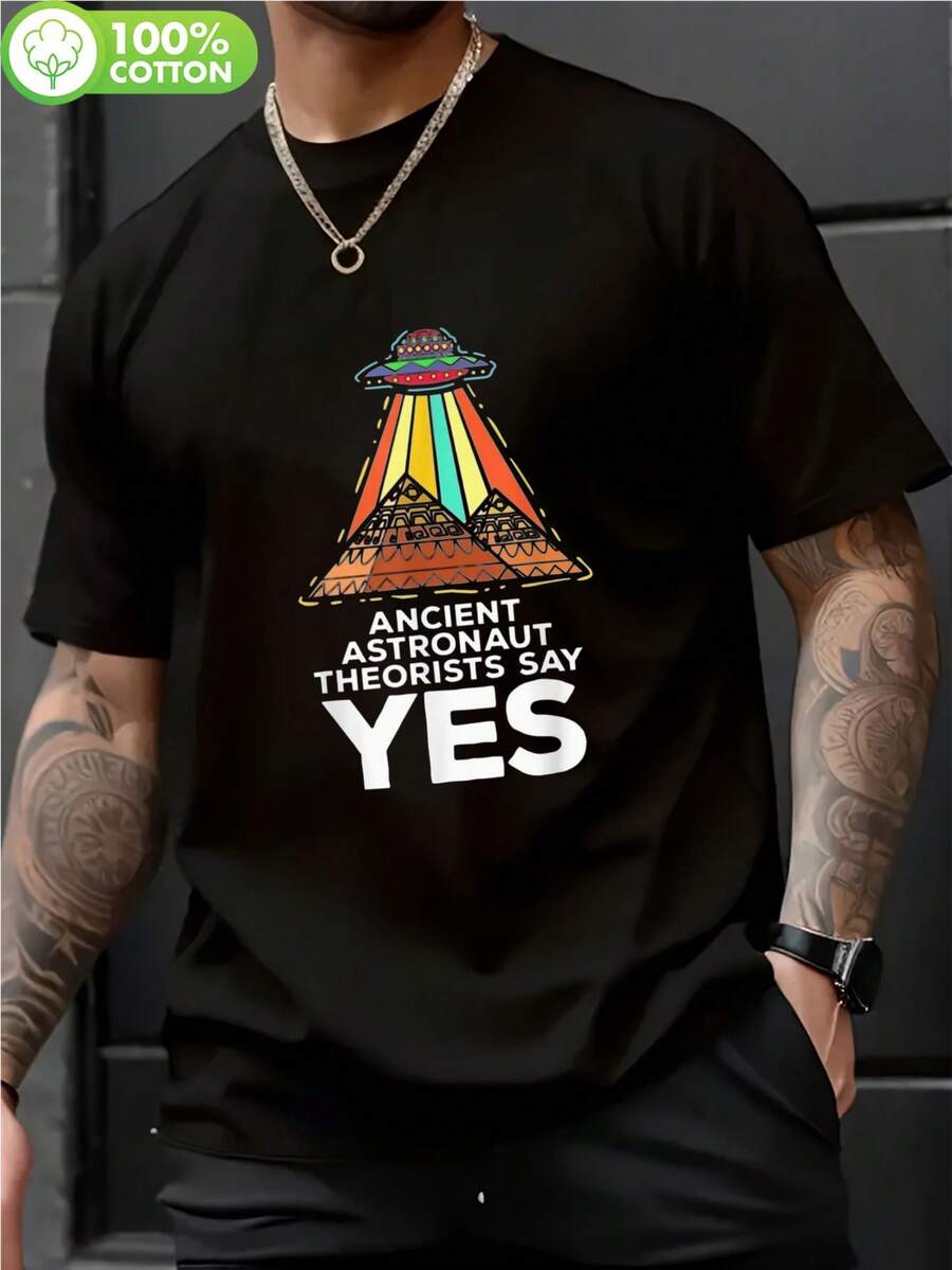 Camiseta de Algodón con Gráfico de Pirámide UFO para Hombre - Ultra Suave y Transpirable, 100% Algodón. Camiseta de cuello redondo de ajuste cómodo que absorbe la humedad con estampado "Los teóricos antiguos dicen que sí" - Estilo urbano, informal, para verano, actividades al aire senderismo, para hombres y parejas. Equipo de Senderismo. Tela que absorbe la humedad - Negro - Ver 1