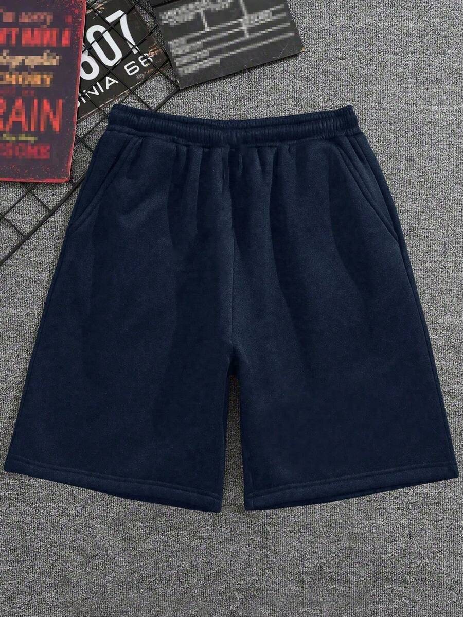 1 pieza Pantalones cortos minimalistas casuales, de unicolor, para actividades al aire libre, ejercicio y transporte para niños preadolescentes (El tamaño real es talla grande pequeño, se recomienda pedir una talla talla grande grande según la imagen) - Azul Marino - Ver 1
