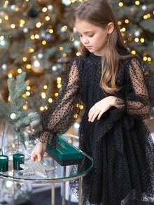 少女黑色波点网纱袖蝴蝶结腰身优雅圣诞派对礼服，公主裙，适合女孩生日派对、宴会、婚礼花童、节日庆典等场合。 - 黑色 - 查看 2