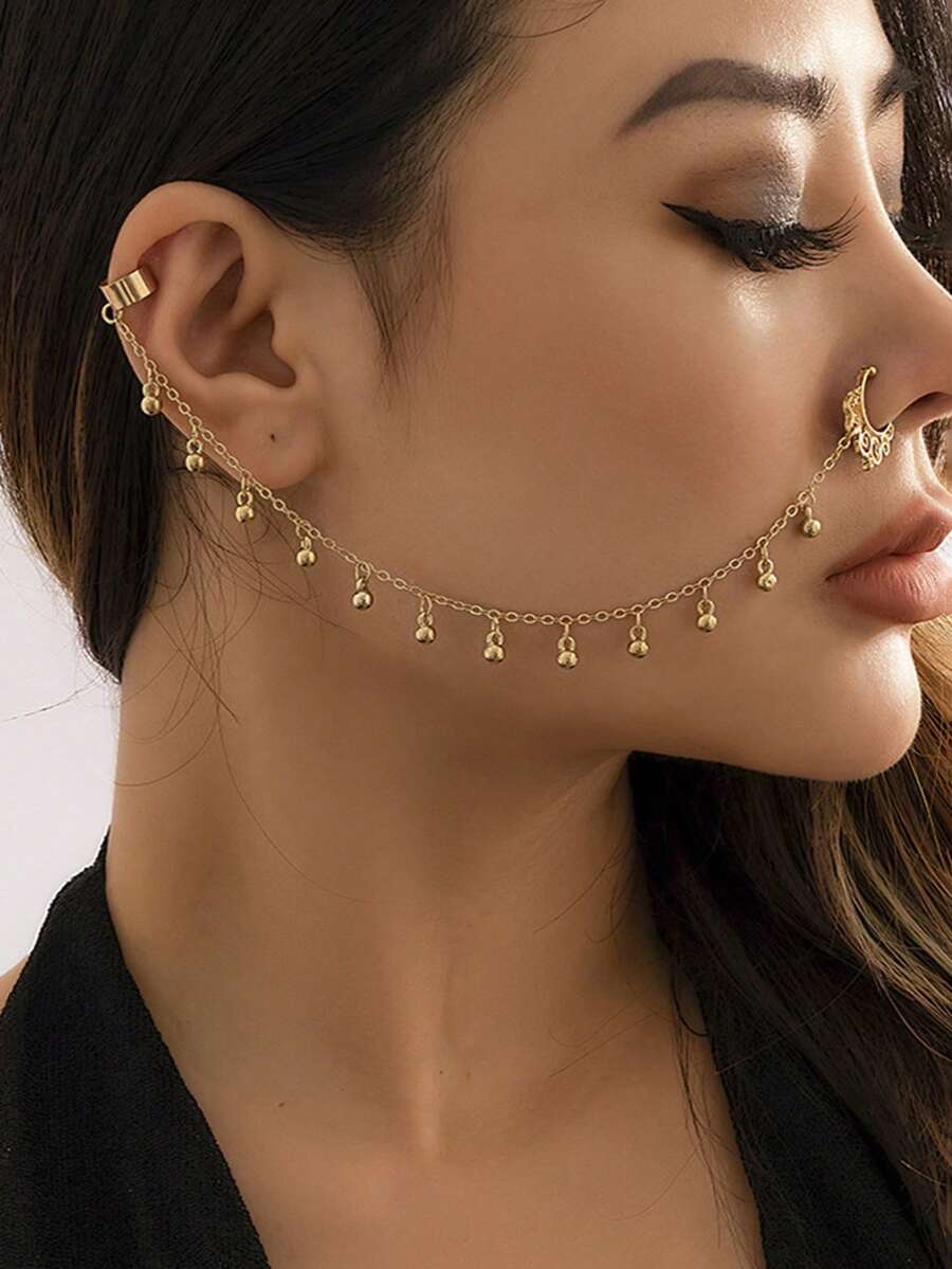 1 chiếc khuyên mũi và tai kẹp không cần xỏ lỗ, kiểu dáng sang trọng, thanh lịch với mặt dây chuyền tua rua, thích hợp cho phụ nữ đeo hàng ngày, dự tiệc, tiệc chiêu đãi và đám cưới. - Vàng - Xem 1