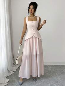 Đầm maxi không tay cổ vuông màu hồng phấn LilyHouse dành cho nữ, chi tiết cúc cài, eo xếp ly bất đối xứng, chất liệu chiffon, dáng chữ A, thanh lịch, lãng mạn, đa năng, phù hợp cho mùa xuân hè, dự tiệc cưới, tiệc cocktail, kỳ nghỉ, hẹn hò. - Màu Hồng baby - Xem 5