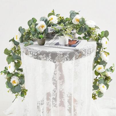 3个1.8米人造尤加利花环，6个白色玫瑰藤蔓花环，家居装饰，人造藤蔓，绿色植物花环，婚礼派对中心装饰，桌面装饰，墙面装饰，管道装饰，婚礼必备，适用于餐厅、卧室、厨房装饰、婚礼装饰、办公室装饰